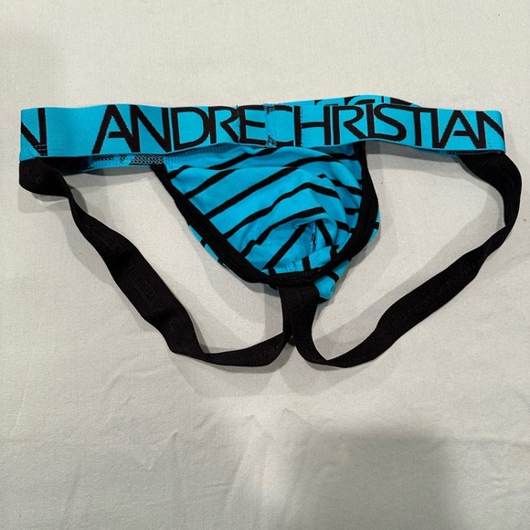Andrew Christian striped jockstrap in turquoise and black - Picture 2 of 2